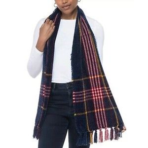 Charter Club NWT Border Plaid Wrap Scarf Tassels Raw Fringe Chenille Navy OS New